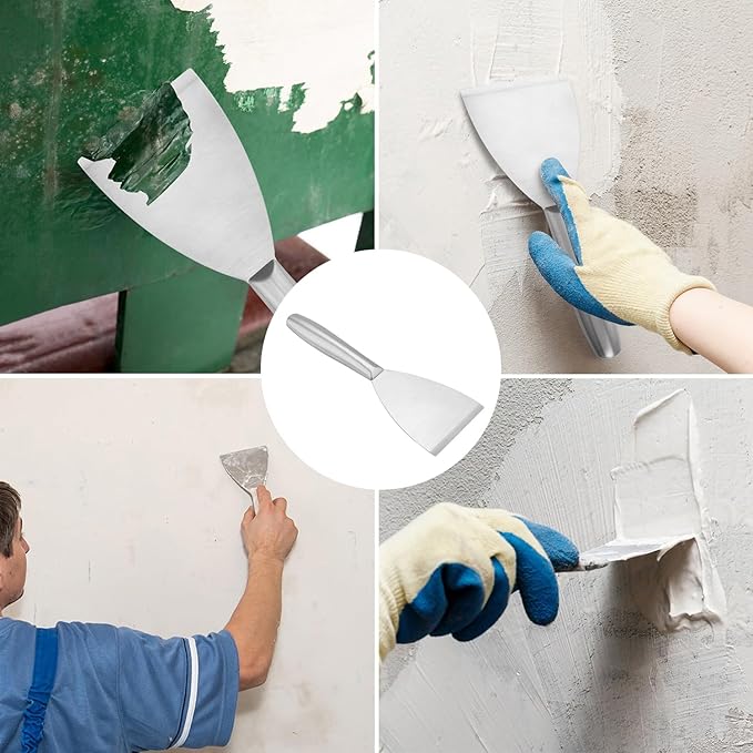 4 Pack 3 Inch Putty Knife Scraper, Putty Knife Set, Stainless Steel Putty Knife, Wallpaper Scraper Paint Scraper Tool for Spreading Drywall Spackle, Plasterboard Mud, Scraping Paint, by GENHAKON.