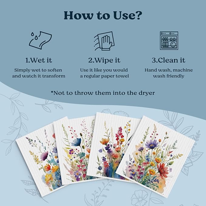 Swedish Dishcloths for Kitchen, Summer Wildflower Floral Kitchen Dish Towels for Washing Dishes, 4 Pack Reusable Paper Towels, Sponge Cloths for Home Cleaning Cooking Baking Housewarming Gift