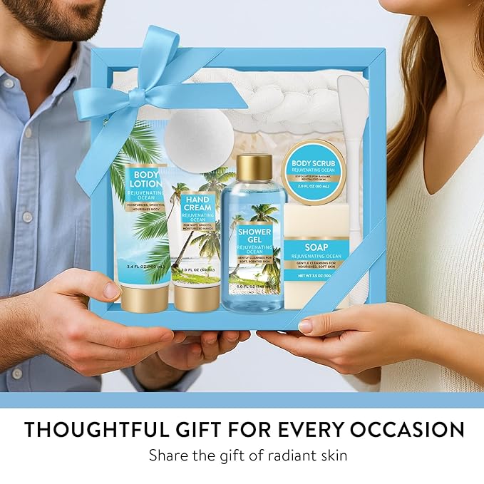 Ocean Breeze Christmas Spa Gifts for Women, 8 Piece Bath Set with Bubble Bath & Bath Bombs, Refreshing Gift Baskets for Her, Self Care Package with Body Scrub, Lotion, Hand Cream