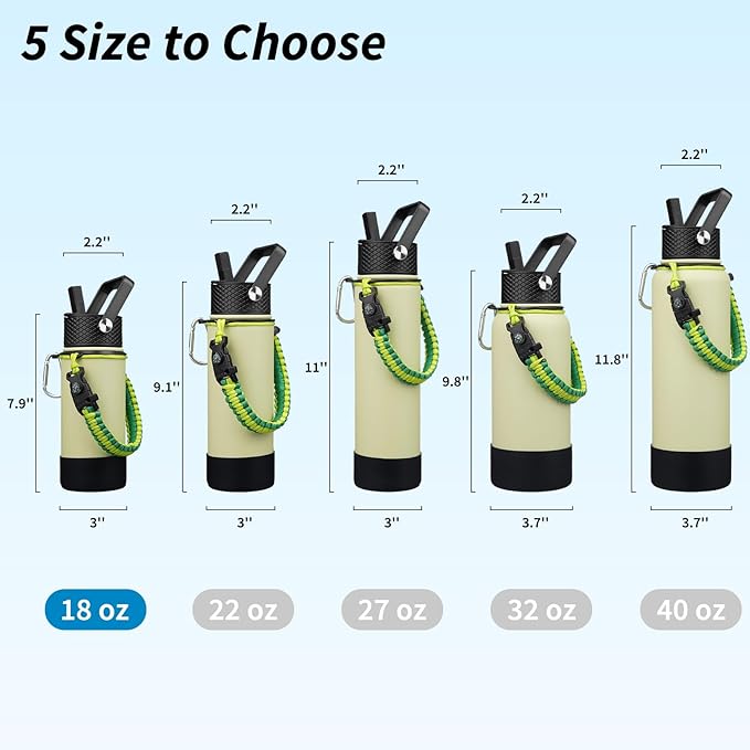 BJPKPK Water Bottle with Straw Lid, 18oz Insulated Water Bottles with 3 Lids, Paracord Handle & Non-slip Boot, Metal Stainless Steel Thermal Flasks, BPA Free Leak Proof Cups, Tumblers,Macaron Green