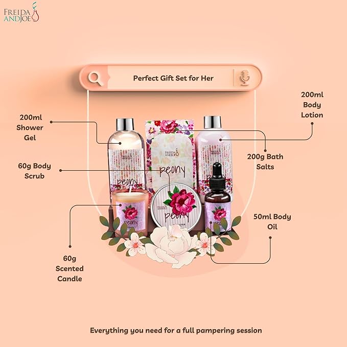 7-Piece Bath and Body Gift Set for Women with Shower Gel, Body Lotion, Body Scrub, Body Oil, Bath Salt, and Scented Candle – Perfect Spa Gift (Peony Floral)