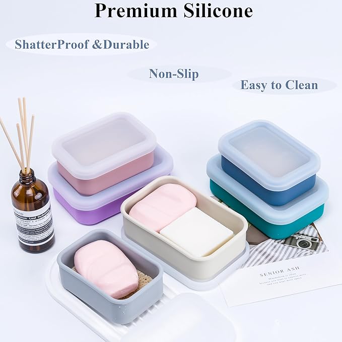 MtBoi 2PC Portable Leakproof Travel Soap Case, Silicone Soap Container, Compact Travel Holder with Drainage Layer, Camping, Gym, Outdoor Pink&MintGreen