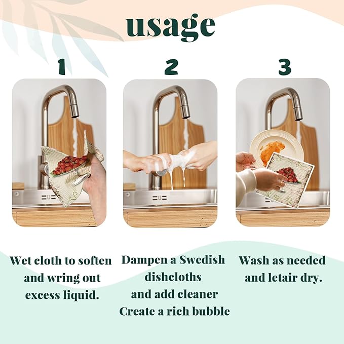 Swedish Dishcloths for Kitchen, Papaya Reusable Paper Towels Washable, Vintage Strawberries Swedish DishCloths for Friut, 4 Pack Dish Towels for Kitchen