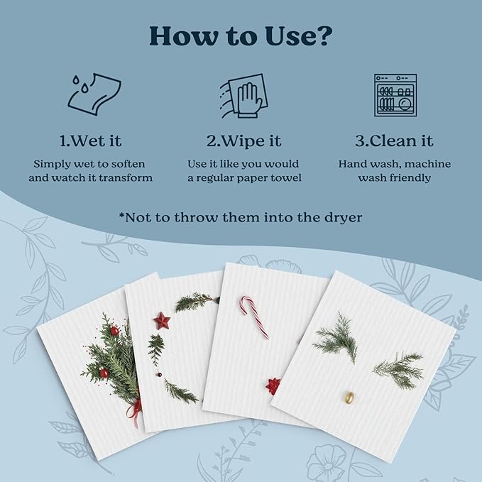 Swedish Dishcloths for Kitchen, Christmas Wreath Xmas Winter Kitchen Dish Towels for Washing Dishes, 4 Pack Reusable Paper Towels, Sponge Cloths for Holiday Home Cleaning Baking Cooking