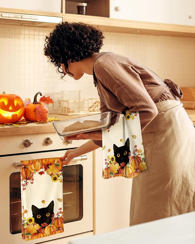 Flour Sack Kitchen Towels Set of 2-18x26 Inch Cotton Dish Towels with Hanging Loop Absorbent Reusable Cloths for Cleaning Cute Autumn Fall Home Decor Housewarming, Autumn Two Cats