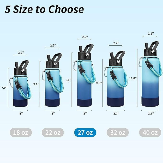 BJPKPK 27oz Insulated Water Bottles with 3 Lids, Paracord Handle & Non-slip Boot, Stainless Steel Metal Water Bottle with Straw, BPA Free Leak Proof Thermal Flasks, Tumblers,Sky