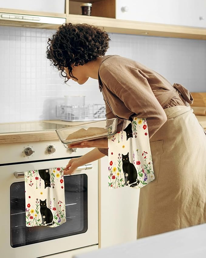 Flour Sack Kitchen Towels Set of 2-18x26 Cotton Dish Towels with Hanging Loop Reusable Tea Towel for Cleaning Spring Absorbent Dishcloths Cute Home Decor Housewarming, Retro Cats Floral