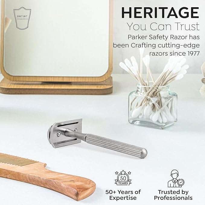 Parker 78R Double Edge Safety Razor with 5 Safety Razor Blades, Women & Men’s Safety Shaving Razor, Reusable, Plastic Free – Satin Chrome