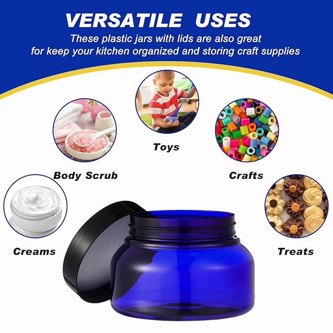 Dandat 24 Pcs 8 oz Plastic Jar Container with Lid and Label Refillable Empty Round Blue with Black PET Cosmetic Sample Containers for Lotion, Cream, Ointments, Body Butter, Makeup, Travel Storage