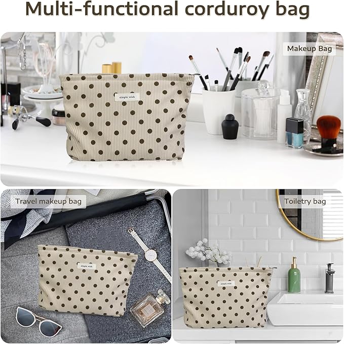 Wudygirl Makeup Bag Makeup Pouch for Women Corduroy Cosmetic Bag Portable Travel Toiletry Bag Large Capacity Make up Organizer with Zipper(Beige Polka Dot)