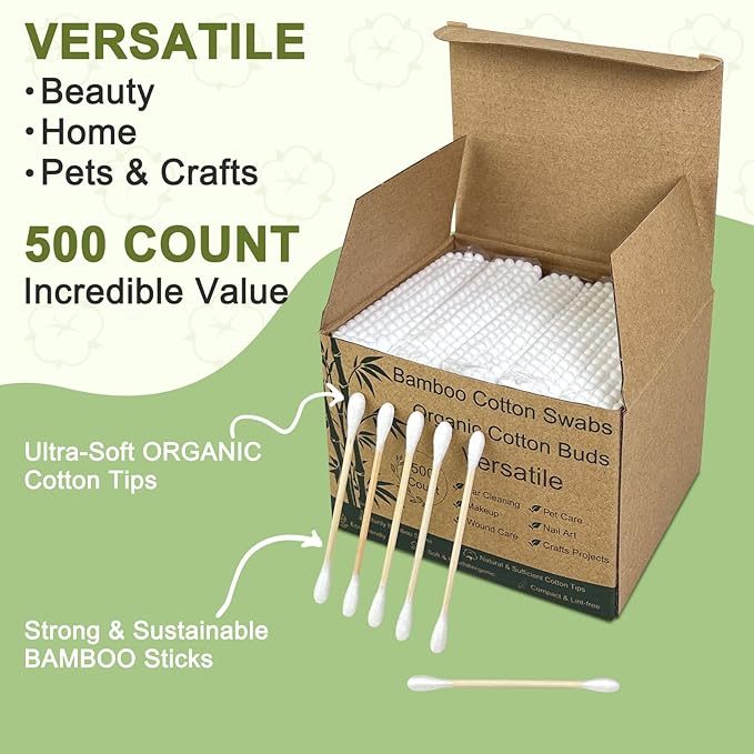 Bamboo Cotton Swabs (500 Count) – Sturdy Bamboo Sticks & Soft Cotton Tips – 100% Biodegradable Buds for Makeup & Ears – Hygienic Travel Packs