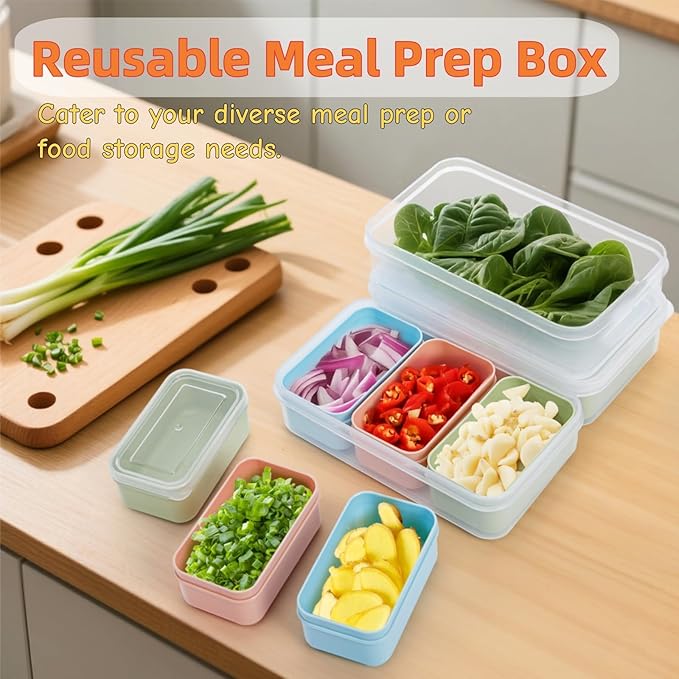 4 Set Snack Containers with 3 Compartments, Small Reusable Bento Box Lunch Container with Leak-proof Lids, Mini Removable Divided Meal Prep Box for Work Travel in Compact Size, Microwave Safe
