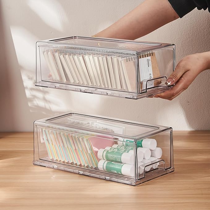 PeJeyiee 2 Pack Stackable Pull-Out Storage Drawers,Plastic Clear Organizer Bins with Handles,Easily Clean for Craft, and Toy Organization,Kitchen Undersink,Cabinet,Fridge,Closet,Pantry,Office,Bathroom
