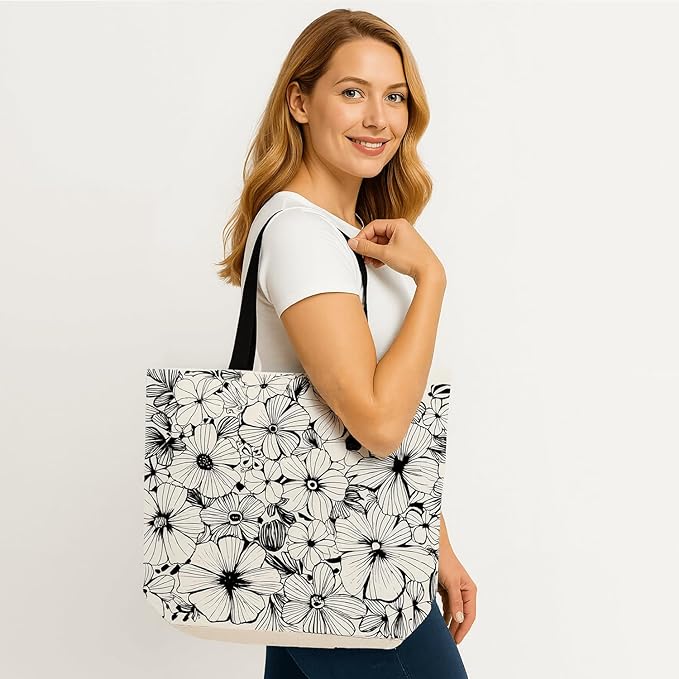 Large Tote Bag for Women, Floral Grocery Tote with Snap Thick Canvas Both Side Pattern, Gift Daily Use Shopping Travel Picnic