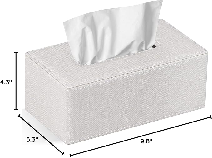 Tissue Box Cover Rectangular 9.8"(L) x 5.3"(W) x 4.3"(H) Refined Modern PU Leather Facial Tissue Dispenser Box Holder for Dresser Bathroom Decorative (Linen Beige)