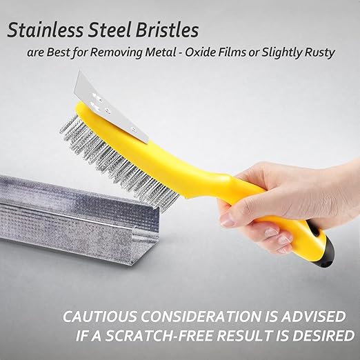 10.95" Wire Scratch Brush with Metal Scraper, Long Plastic Handle and 79 Bundles of Stainless Steel Bristles, Heavy Duty for Dust Paint Scrubbing, Dirt Rust or Welding Slag Removal