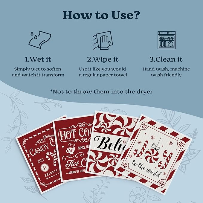 Christmas Swedish Dishcloths for Kitchen, Christmas Xmas Red Kitchen Dish Towels for Washing Dishes, 4 Pack Reusable Paper Towels, Sponge Cloths for Winter Holiday Baking Cooking Home Cleaning