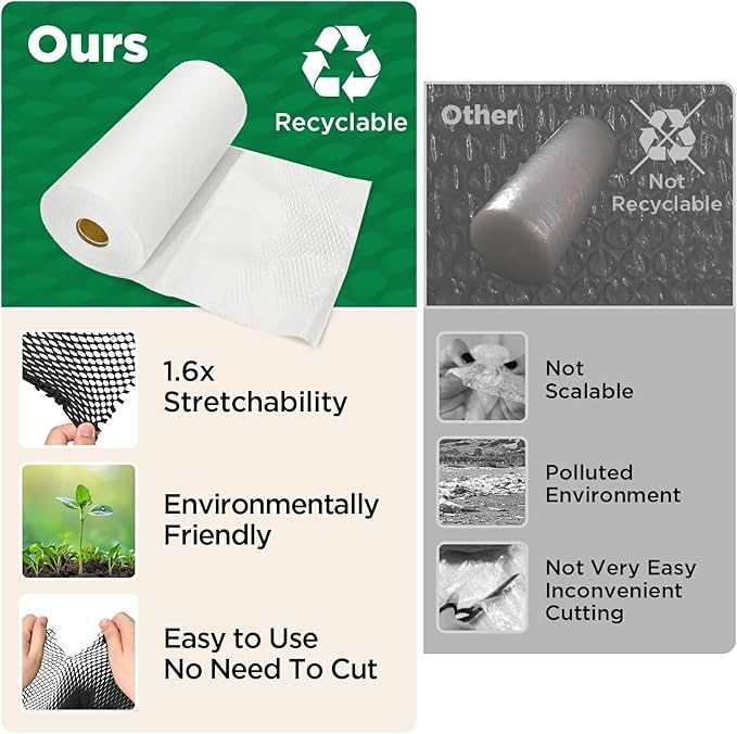 Honeycomb Packing Paper, 12"x150' White | Perforated Honeycomb Packing Paper Recyclable Moving Supplies for Shipping & Moving | Plastic-Free Alternative to Bubble Cushion Wrap with 36 Fragile Stickers