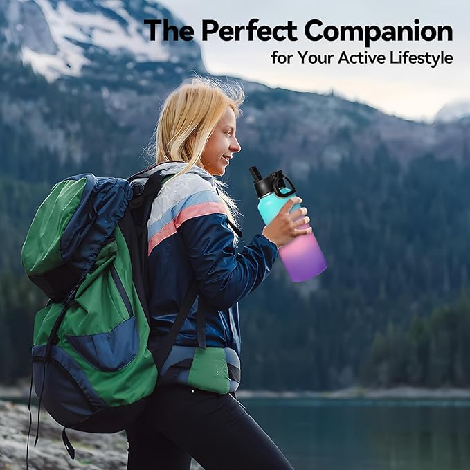 Neihepal 32 oz Insulated Water Bottles Bulk with 2 Lids (Straw & Spout Lid), Stainless Steel Double Wall Water Bottle, Keeps Cold 24H & Hot 12H (Gradient Color,4Pack)