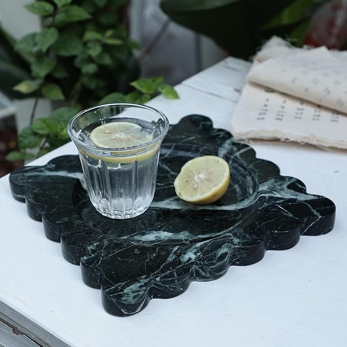 Natural Travertine Tray with Scalloped Edge, Vanity Decorative Tray for Countertop Organizer, Catchall Tray for Perfume, Candles, Jewelry Dish