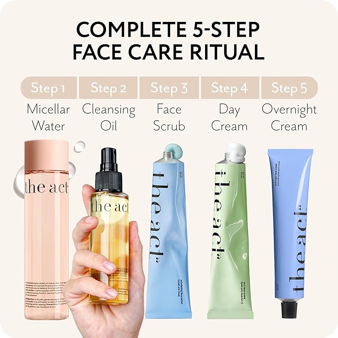 THE ACT 5-Step Face Care Set β Gift Set for Her Women Mom Wife Girlfriend β Micellar Water Cleansing Oil Face Scrub Day Cream Overnight Cream β Luxury Beauty Set - Birthday, Christmas , Vegan