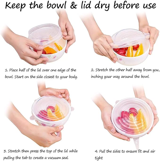 Silicone Stretch Lids, 6-Pack of Same Size 8.1 Inch Lids, BPA Free, Leakproof Reusable Silicone Lids for Various Shapes of Containers and Food Covers