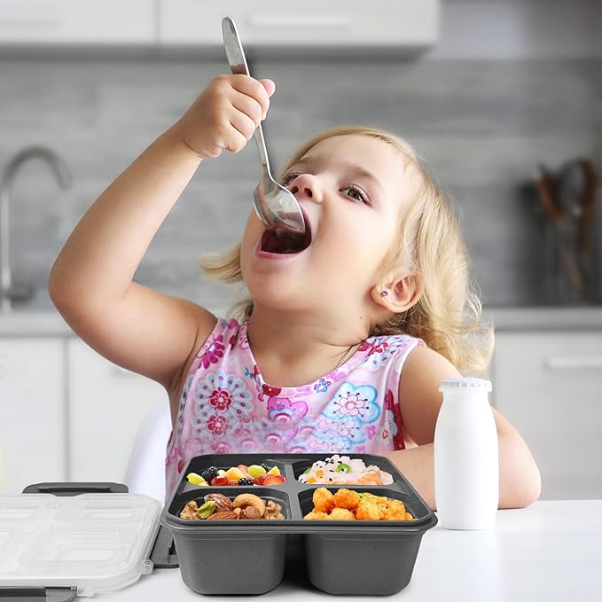 greenandlife 4 Pack Bento Lunch Box Set for Kids Adults, 4 Compartment Reusable Wheat Straw Meal Prep Food Storage Snack Containers, Stackable Snack box, Microwave and Dishwasher Safe, Grey+Black