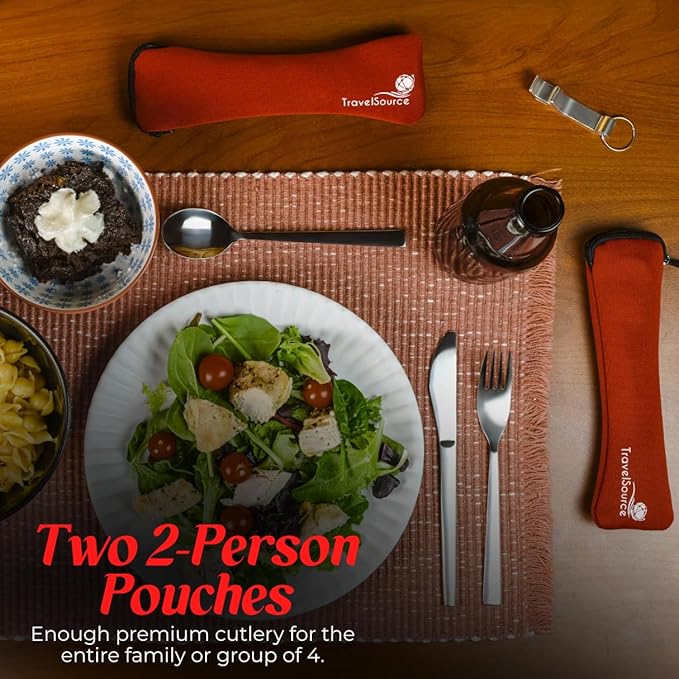 Travel Utensils With Case - Metal Camping Silverware Cutlery Set - Reusable & Portable Fork Knife Spoon Flatware For Lunch Box, Backpacking (2 Cases)