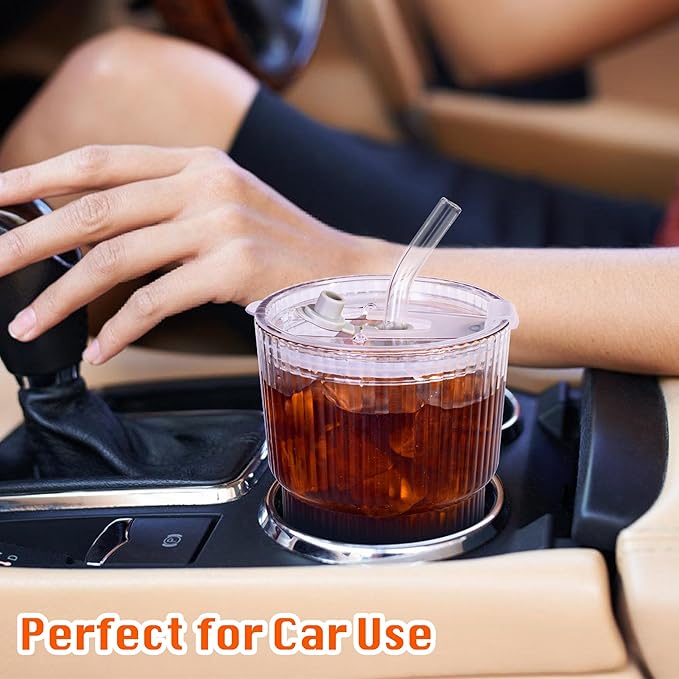 13oz/400ML Glass Tumbler with Straw and Lid Ribbed Vertical Ice Coffee Cups Sealed Carry on for Coffee Iced Tea, Thick Wall Glassware Tumbler Water Glass (Clear 2pcs)