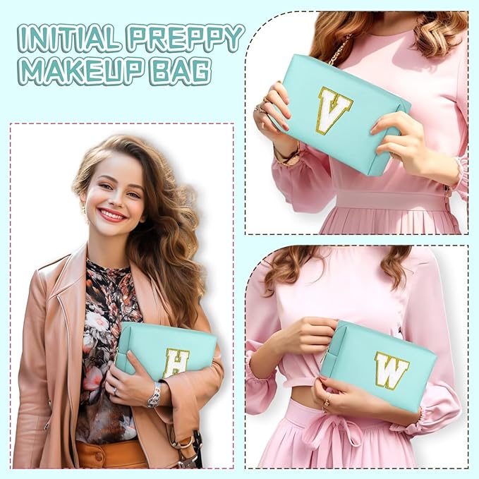 TOPEAST Preppy Small Makeup Bag, Chenille Letter Pouch Cosmetic Bag With Zipper, PU Leather Waterproof Toiletry Bag, Personalized Birthday Gift for Women, Cute Stuff for Girls (Blue D)