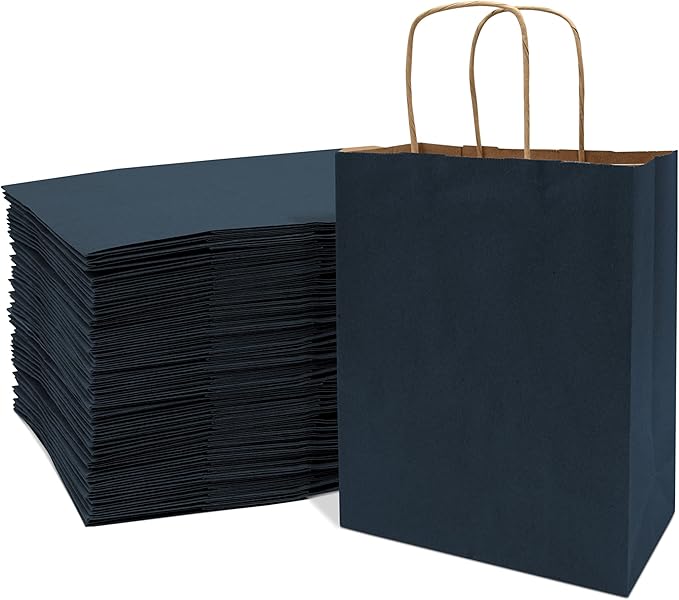 Prime Line Packaging Paper Gift Bags, Navy Blue Gift Bags, Small with Handles, Shopping Bags for Business, Goodies, Party Favor, Welcome, Graduation, Bulk, 8x4x10, 50 Pack