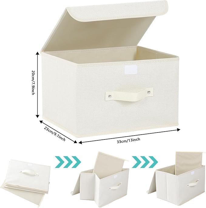 Fabric Storage Bins Cube Organizers with Flip-Top Lid and Handles,Storage Boxes for Organizing Home,Office,and Closet,Beige,5 Pack 13 X 9.1 X 7.9 in