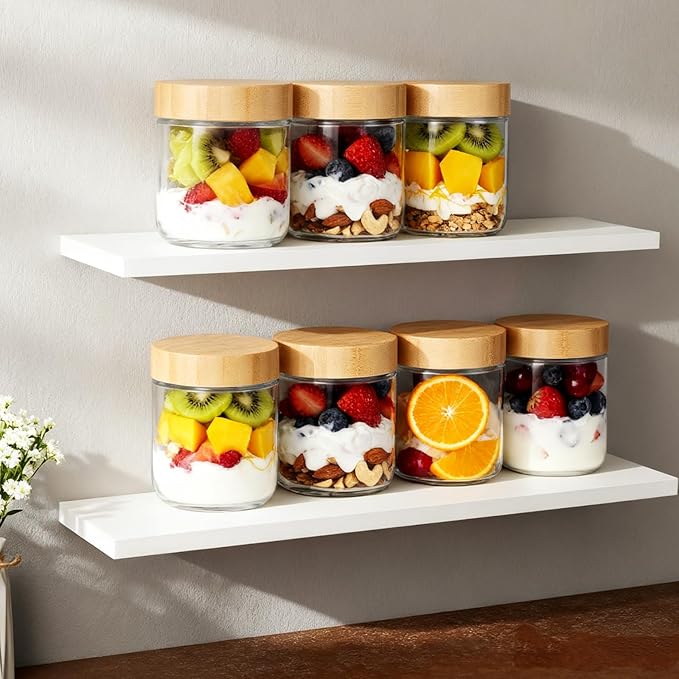 4-pack 16oz Overnight Oats Containers with Bamboo Lids, Wide mouth Mason Salad jars, Glass Jars with Airtight Lids for Meal Prep, Glass Food Storage Container for Snack Yogurt Sugar Spice