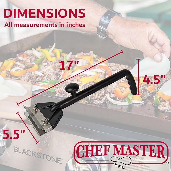 Chef Master Griddle Scraper & Flat Top Grill Cleaner - Griddle Cleaning Kit - Stainless Steel Flat Grill Scraper Tool for Diners, Restaurant, Food Truck - Blackstone Accessories - 90254
