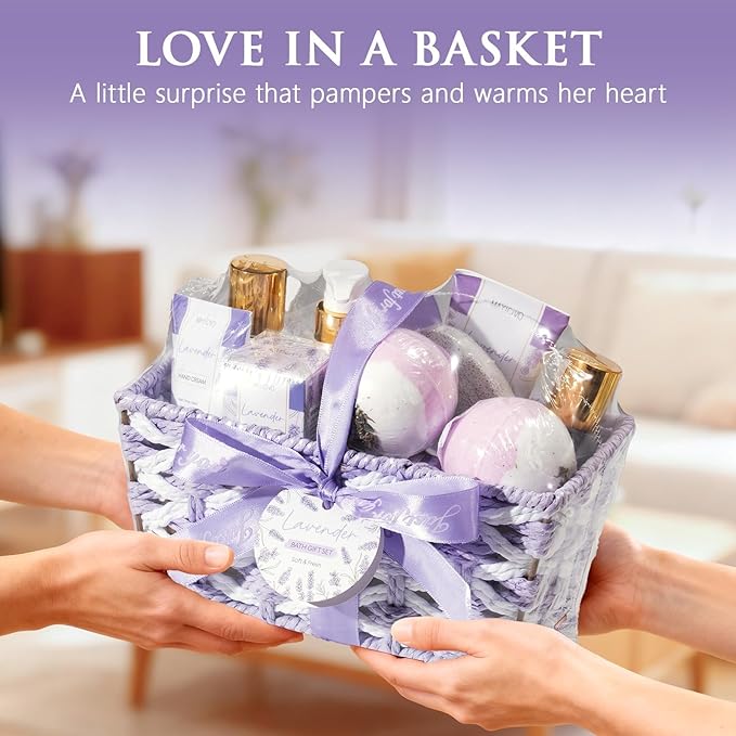 Christmas Birthday Gifts for Women, Lavender Relaxing Spa Gift Baskets for Women Self Care Package Bath Gift Set, Home Bath and Body Kit Pamper Gifts for Womens Mom Her Friends Sister Wife Girlfriend