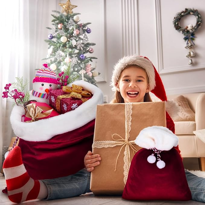 Shappy 2 Pieces Christmas Velvet Santa Bags with Drawstring in 2 Size Large Christmas Bags Santa Gift Sack for Xmas Playing Present Toy(Burgundy)