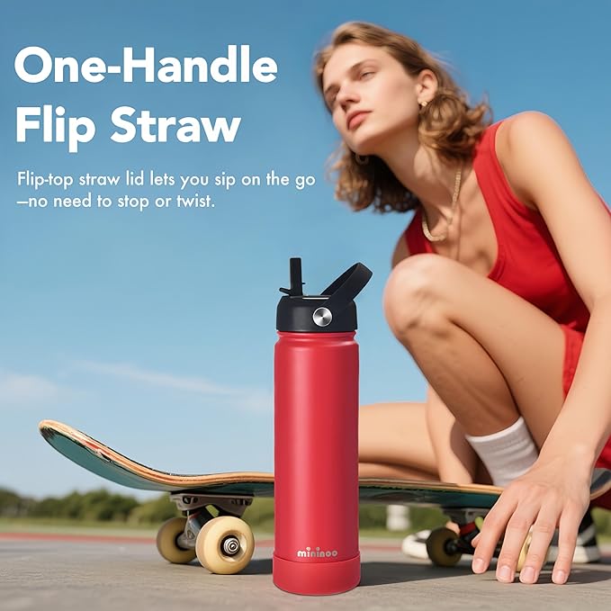 Mininoo Insulated Stainless Steel Water Bottle with Straw, Ceramic-Lined, BPA-Free & Leak-Proof, 24 oz, Red
