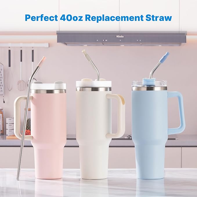 2 Pcs Stainless Steel Straw with Silicone Tips for 30 oz Stanley Tumbler, Repeatable 30 oz Metal Straws for Stanley Adventure Quencher Travel Tumbler Cup, BPA Free(Light Blue)