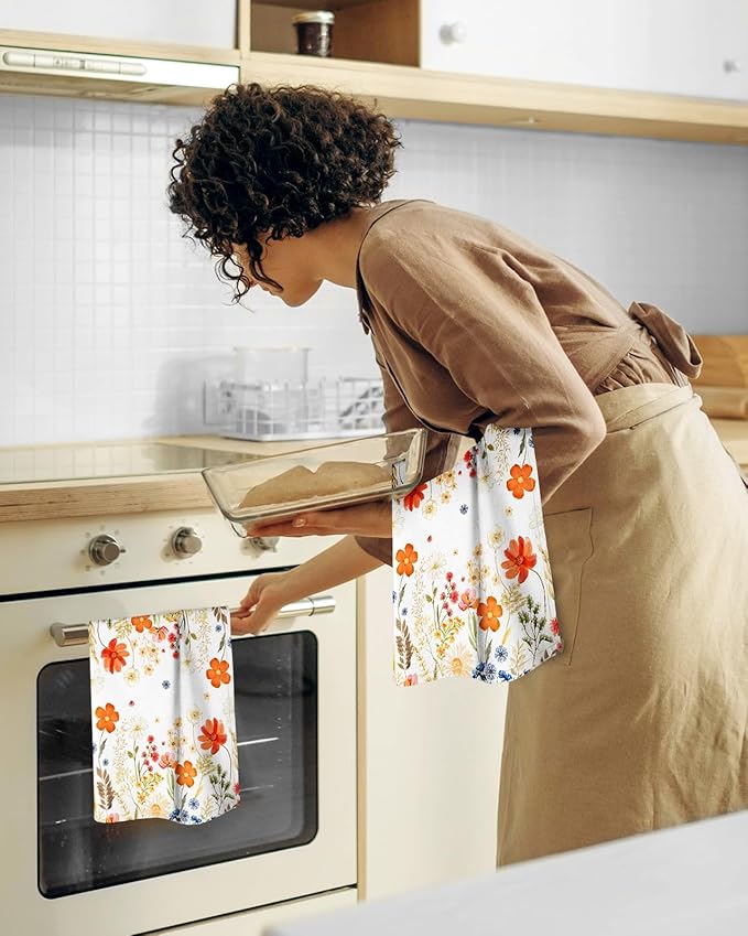 Flour Sack Kitchen Towels Set of 2-18x26 Cotton Dish Towels with Hanging Loop Reusable Tea Towel for Cleaning Spring Absorbent Dishcloths Cute Home Decor Housewarming, Red Flower