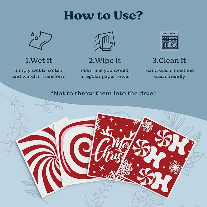 Swedish Dishcloths for Kitchen, Christmas Xmas Snowflake Red Kitchen Dish Towels for Washing Dishes, 4 Pack Reusable Paper Towels, Sponge Cloths for Winter Holiday Baking Cooking Home Cleaning