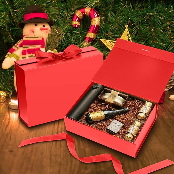 Gift Box with Lid for Presents 10.5x7.5x3.1 Inches with Ribbon and Magnetic Closure(1-Pack) (Red)