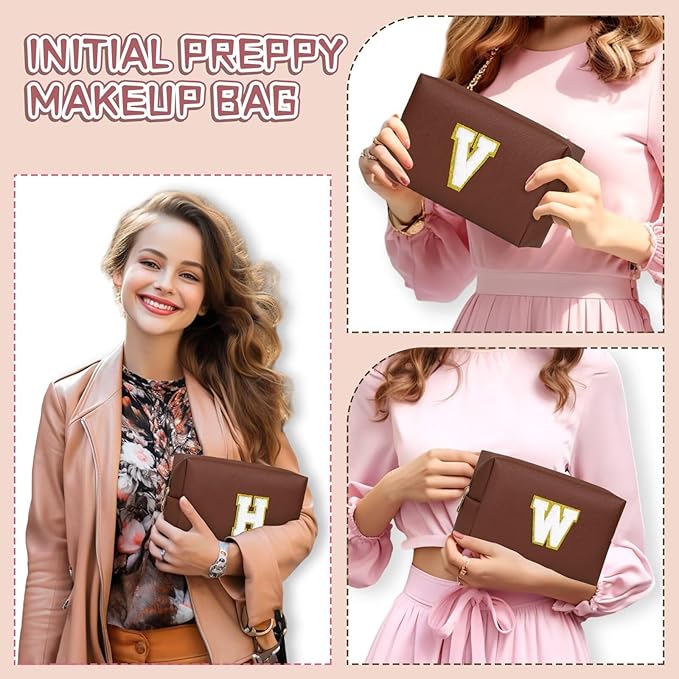 TOPEAST Monogrammed Gifts for Women, Preppy Makeup Bag Small Cosmetic Bag Travel Toiletry Bag, Personalized Birthday Gift for Girl, Wedding Bridal Shower Gifts for Bridesmaids (Brown M)