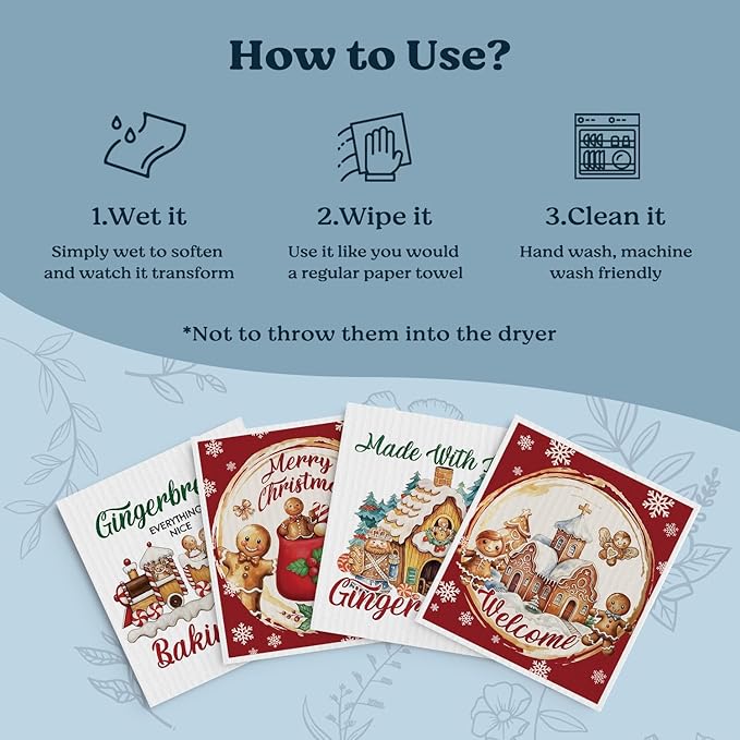 Swedish Dishcloths for Kitchen, Christmas Xmas Gingerbread Red Kitchen Dish Towels for Washing Dishes, 4 Pack Reusable Paper Towels, Sponge Cloths for Winter Home Cleaning Baking Cooking