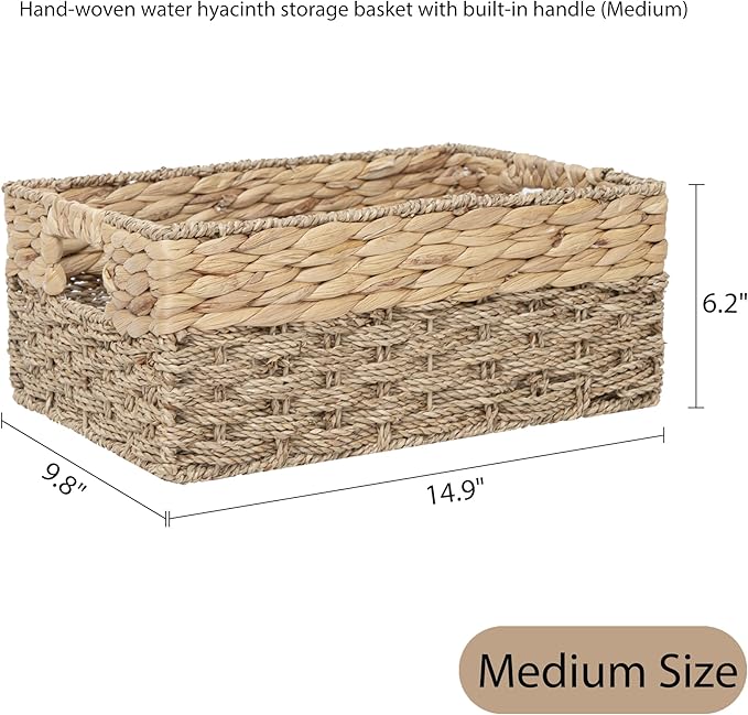 Handmade Water Hyacinth Storage Basket, Woven Basket Organizer with Inner Handles for Home & Office Decor (Medium)