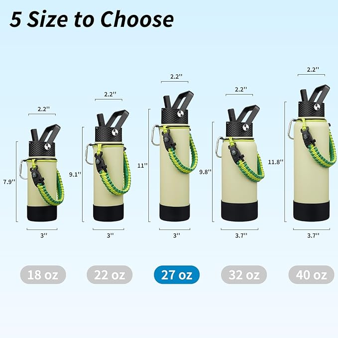 BJPKPK 27oz Insulated Water Bottles with 3 Lids, Paracord Handle & Non-slip Boot, Stainless Steel Metal Water Bottle with Straw, BPA Free Thermal Flasks, Tumblers,Macaron Green