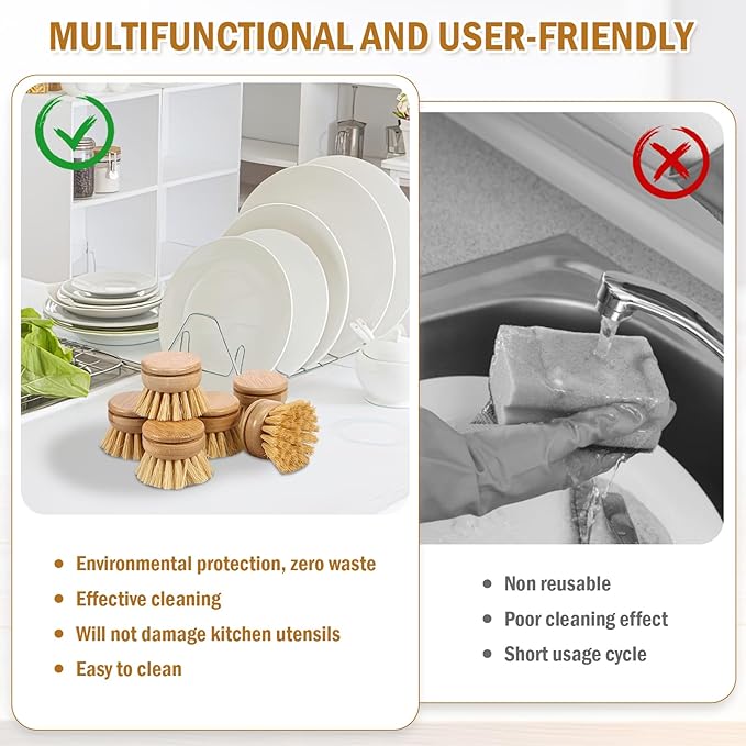 6pcs Bamboo Dish Brush Replacement Heads, Wooden Dish Brushes for Cleaning – Kitchen Wood Dish Scrubbers Washing Up Brush Heads – Natural Bristle Brush Refills for Dishes, Pots – Eco Friendly
