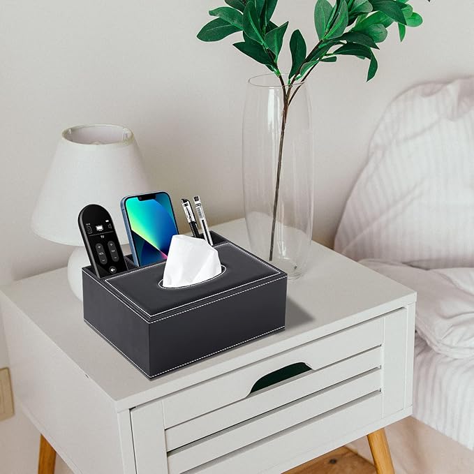 Multifunction PU Leather Tissue Box Cover Rectangular Upgrade Large Size Stationery Napkin Remote Control Holder Storage Box,Facial Tissue Dispenser Desk Organizer Caddy Home Office Supplies (Black)