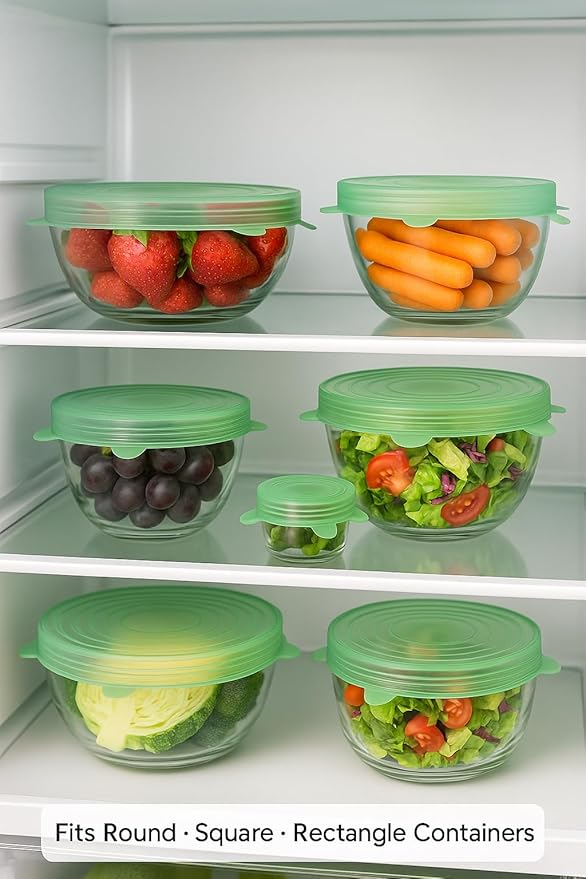 6 Pack Silicone Stretch Lids Reusable | Green Food Grade Bowl Covers for Kitchen | Airtight Seal for Food Storage | BPA Free Eco Friendly Stretchable Lid Set for Containers, Cups, Cans, Fruits