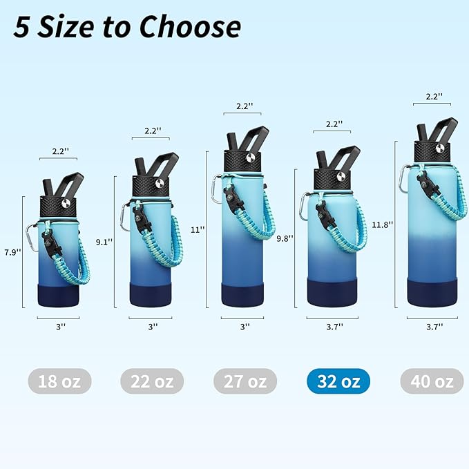 BJPKPK 32oz Insulated Water Bottles with 3 Lids, Paracord Handle & Non-slip Boot, Stainless Steel Metal Water Bottle,Reusable BPA Free Thermal Flasks, Tumblers, Sky