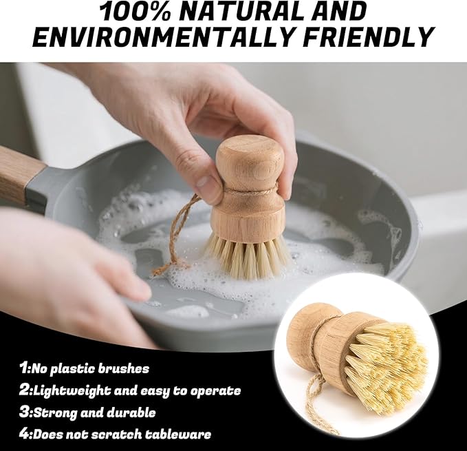 Bamboo Dish Brush 1-Pack - Natural Wood Dish Scrub Brush with Sisal Bristles for Cleaning Pots Pans and Sink - Eco-Friendly Kitchen Scrubber